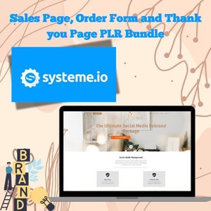 Puede incluir: Un ordenador portátil que muestra un sitio web con el texto "The Ultimate Social Media Rebrand Package". El sitio web está sobre un fondo rosa claro con un diseño abstracto blanco y negro.