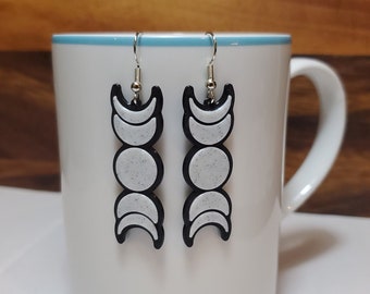 Moon Phase Dangle Earrings - 3D Printed - Hypoallergenic | Black and Marble