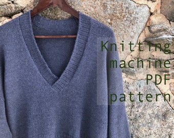 size M-L (eu 38-40) Mid gauge (6,5 mm) knitting machine Pullover, V-neck sweater Knit machine PDF pattern, low-cut sweater