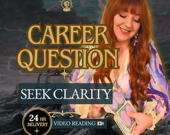 May include: A digital graphic featuring a person with long auburn hair holding a deck of cards. Text reads CAREER QUESTION, SEEK CLARITY, 24 HR DELIVERY, and VIDEO READING. The background depicts a stormy sea with a ship under a dark, cloudy sky.