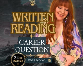 Puede incluir: Una persona con cabello largo y rojo sostiene una baraja de cartas de tarot. La imagen incluye el texto WRITTEN READING, CAREER QUESTION, 24 HR DELIVERY y PDF READING. El fondo muestra un mar oscuro y tormentoso con un barco bajo un cielo nublado.