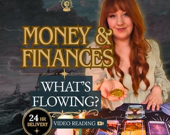May include: A person with long red hair wearing a light green top, holding a gold coin. The image features the text MONEY & FINANCES WHAT'S FLOWING? and VIDEO READING. A white candle and several tarot cards are arranged on a dark surface.