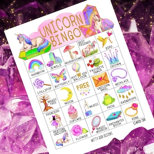 Activité de jeu de bingo de conte de fées Licorne imprimable avec 50 cartes uniques - Fête d'anniversaire pour enfants - PDF