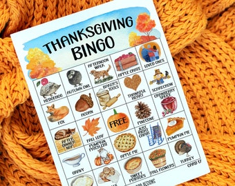 May include: A Thanksgiving Bingo card featuring watercolour illustrations of autumnal items such as a hedgehog, acorn, pumpkin pie, and turkey. The card has a free space in the centre and is ready to be played.