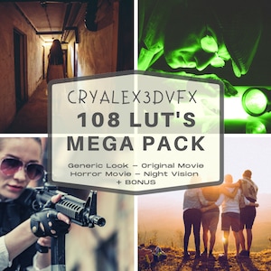 May include: A collage of four images showcasing different color grading styles. The images include a woman in a hallway, a person with a flashlight, a woman holding a gun, and a group of people standing on a hill.