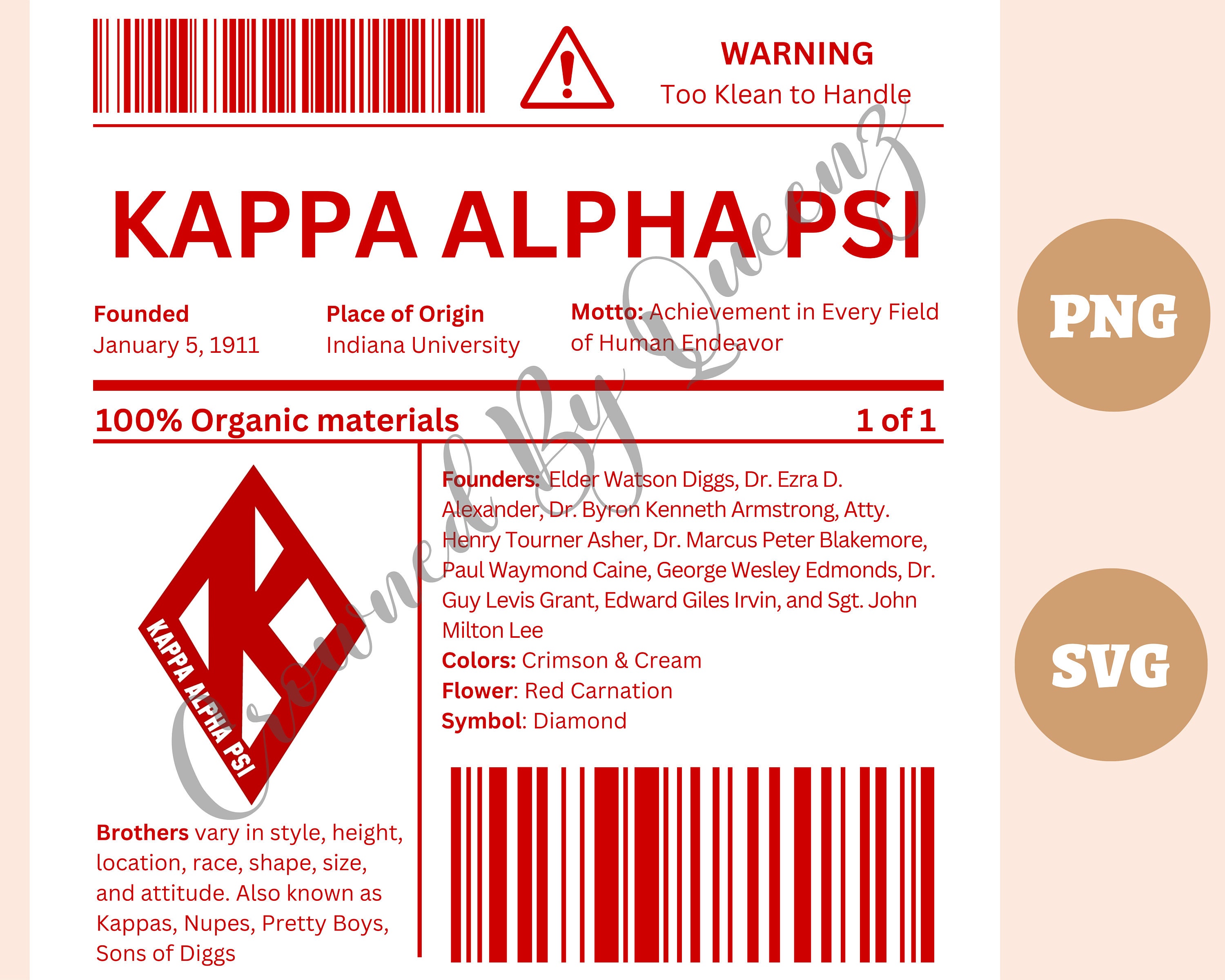 Kappa Alpha Psi Crimson Red Cream White Digital Barcode Images, SVG, PNG, KAP 1911 Greek
