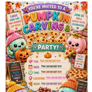 Invitación editable de cumpleaños con temática de tallado de calabazas y pizza, invitación a fiesta de empanadillas blandas (descarga digital)