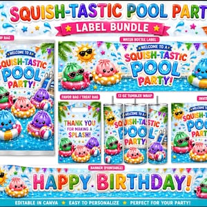 Glitter Squishy Dumpling Pool Party Label BUNDLE, Editable Summer Birthday  (Digital Download)