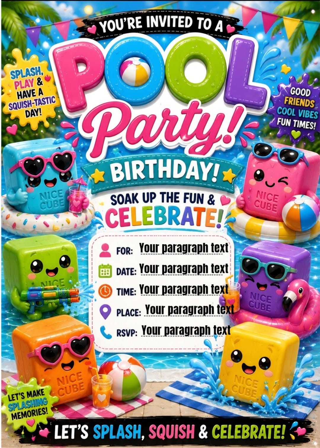 Editable Pool Party Birthday Invitation, Nice Cube Needoh Theme ...
