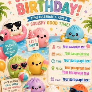Invito modificabile per festa estiva a tema "Squishy Dumpling Party" (download digitale)