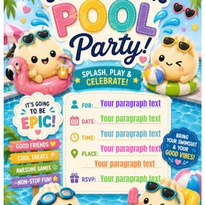 Inbjudan till poolparty med softis och dumplings, redigerbar sommarfödelsedagsinbjudan (digital nedladdning)