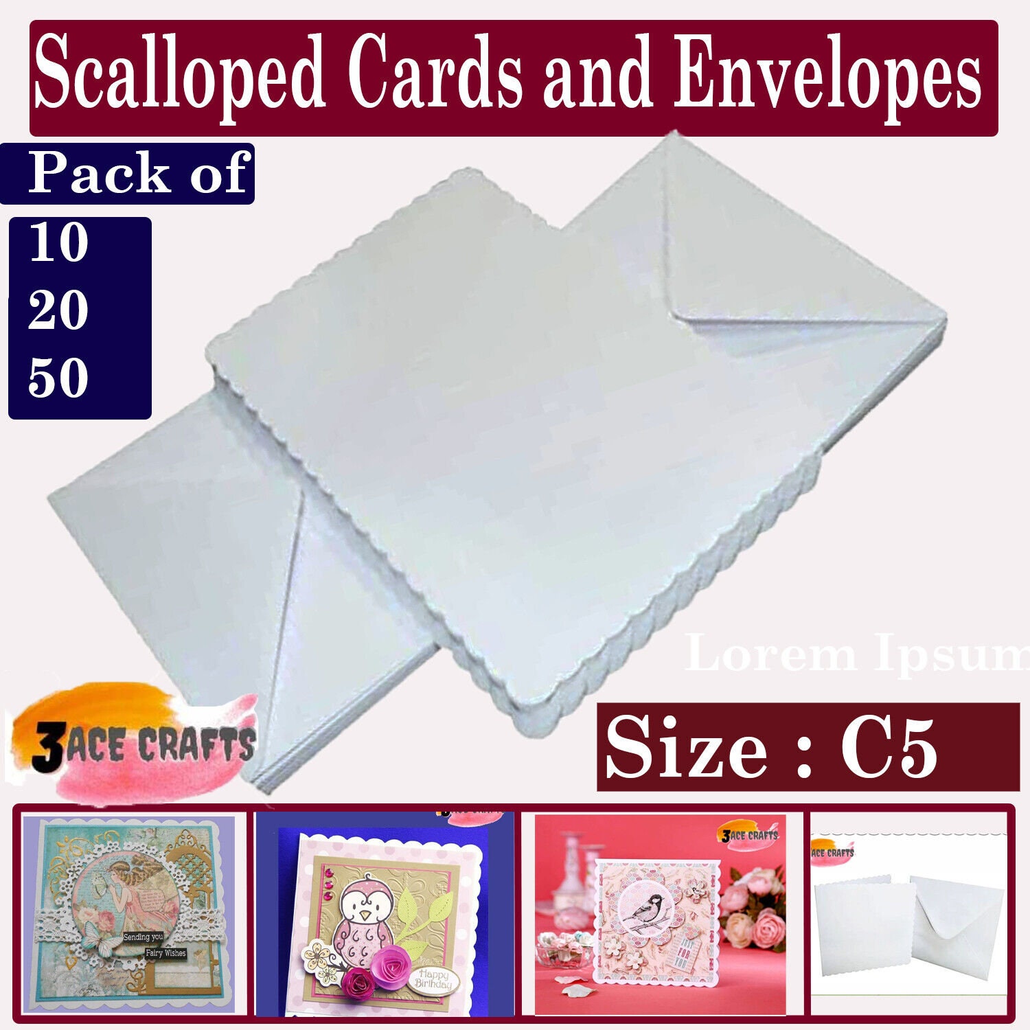 Pack of 5 x White Blank Rectangle 5x7 Cards and Envelopes with Scalloped  Edge - Card Making Craft DIY