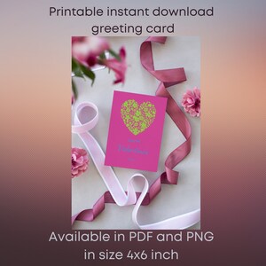 Valentine day greeting card in pink, printable digital download