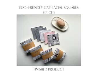 Eco-Friendly Cat-Themed Facial Squares – Set of 5 Reusable Cotton & Terry Cloth Makeup Remover Pads