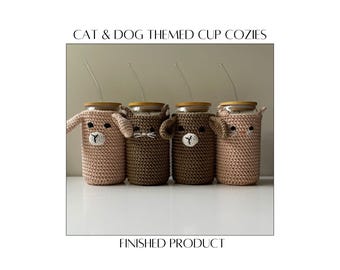 Cat and Dog Themed Cup Cozies – Reusable Cotton Drink Sleeve, Fits 16oz Cups, Cute Animal Design
