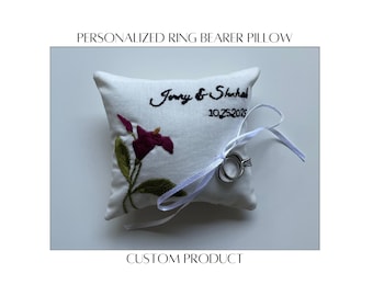 Custom Ring Bearer Pillow – Personalized Wedding Keepsake with Embroidered Flowers, Names & Date