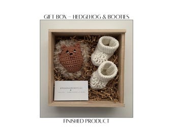 Crochet Baby Gift Set – Hedgehog Plush and Booties, Wooden Keepsake Box