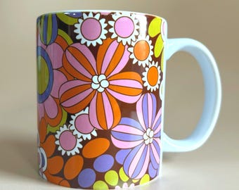 60s Retro Flower Power Ceramic 11oz Mug | Multicoloured Coffee Tea Cup | Groovy Floral Gift | MCM Vintage Inspired Drinkware Gift