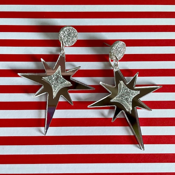 NORTH STAR EARRINGS - 'Polaris' Silver or Gold Mirror acrylic Earrings - Boho vintage 60s 70s mcm style - Christmas Party!