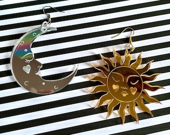 SUN & MOON EARRINGS - 'Sol Luna' Gold and Silver Mirror acrylic Earrings - Boho vintage 70s style - Christmas Party!