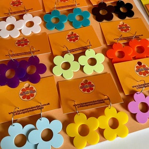 60s DAISY DANGLE EARRINGS - Retro Mod Acrylic Flower Jewellery - 50 colours!