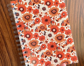 Groovy 70s Floral Wallpaper A5 Notebook | White, Orange and Brown Retro Flower Print | 100 Double Sided Lined Pages