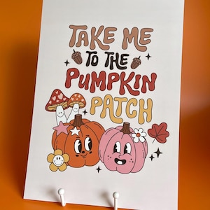 Nyckfullt pumpa- och svamptryck | 'Ta mig till pumpafältet' | Höstdekor | Illustrerad A4-konst