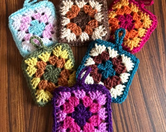 Handmade Retro Granny Square Crochet Earphone Case | Tech Accessory | 60s and 70s Vintage Inspired | Wireless Earphones Cover | Sustainable