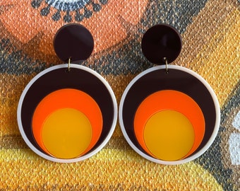 70s RETRO ACRYLIC EARRINGS |  Retro Circles | Vintage inspired Mid century style | Brown orange & yellow