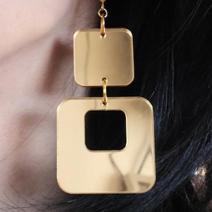 Cosmo Square Mirror Drop Earrings | Retro 60s Statement Cutout Dangle | Vintage Space Age Jewellery | Silver Gold Go Go Fashion 70s