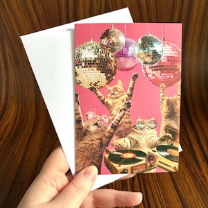 Carte de voeux vierge A6 « Disco Cats Party » géniale | Inspiré des années 60 et 70 | Collage de photos rétro | Humour animal