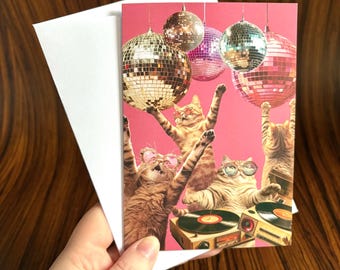 Funky 'Disco Cats Party' A6 Blank Greeting Card | 60s 70s Vintage Inspired | Retro Photo Collage | Animal Humour