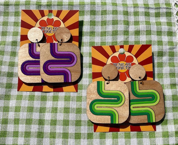60s 70s Groovy Supergraphic Earrings | Handmade Wood Square Earrings