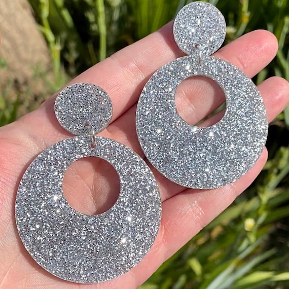 Silver Mod Glitter Ear Rings 1960s Costume Accessory Silver Mod Glitter Ear Rings 1960s Costume Accessory