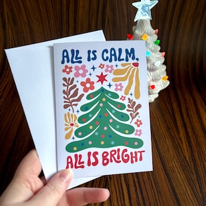 Retro ‘All is Calm’ Weihnachtsbaum Karte | Boho Funky moderne handgezeichnete A6 Grußkarte | Weihnachts Blankokarte mit Umschlag