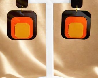 Retro Squares Acrylic Dangle Earrings | 60s 70s Inspired Statement Stud or Clip-On | Vintage Style Jewellery | Mid Century