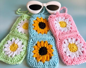Crochet Flower Sunglasses Case | Retro Handmade Floral Pouch | Vintage 60s 70s Inspired Gift for Her