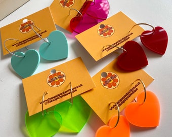 HEART HOOP EARRINGS - Retro 50s 60s 70s Acrylic Love Heart Jewellery - 70 colours!