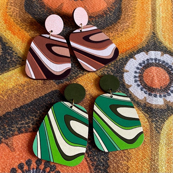 70s RETRO SWIRL EARRINGS - Sustainable Wood Groovy Swirl Handmade Earrings - Vintage inspired Mid century style