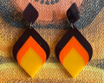 70s RETRO ACRYLIC EARRINGS - Curved Diamonds - Vintage inspired Mid century style - Brown, orange, yellow