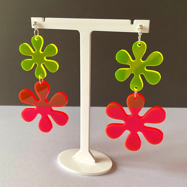 NEON FLOWER DANGLE earrings - Retro Groovy Transparent Acrylic Floral Earrings - 60s Vintage Inspired Handmade