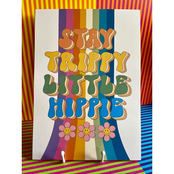 STAY TRIPPY Little Hippie A4 Art Print - 60s 70s Vintage Retro inspired Illustration Boho Wall Art decor