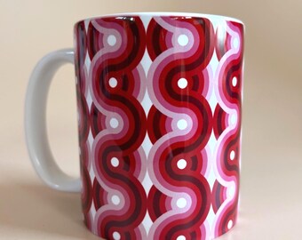 Psychedelic Supergraphic Mug | 60s 70s Retro Ceramic Coffee Cup | Pink Purple Monochrome Stripe Pattern | Mod Home Gift Idea