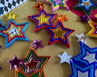 RETRO STARBURST EARRINGS - 70s Glam Rock Disco inspired - Mirror acrylic vintage kitsch style - Christmas Party!