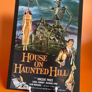 Póster de película vintage House on Haunted Hill, tamaño A4, arte de terror de los años 50 y 60, obra de arte de la película de Halloween de Vincent Price