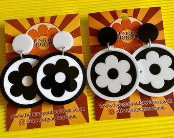 60s Mod Flower Earrings | Black & White Acrylic | Mid Century Style