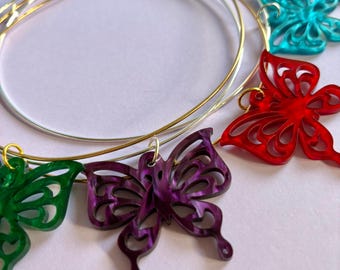 Psychedelic Flutter Butterfly Choker | Acrylic Cutout Pendant | Gold or Silver Wire Necklace | 60s Hippie Retro Jewellery
