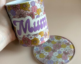 Retro 60s 70s Floral Mug & Coaster Set | Groovy Mum Gift | Mother's Day Mug | Vintage Style Flower Print | Handmade Birthday Gift for Mum
