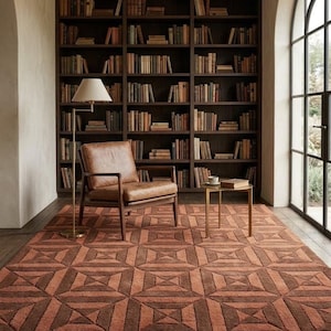 Rust Brown Geometric Rug  Modern Diamond Star Pattern Wool Area Rug  Terracotta Bold Statement Rug  Handmade Dining Room Rug custom size rug