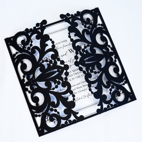 6 x 6 Damask Tri-fold Wedding Gatefold, Envelope, Invitation Enclosure, Black and White, laser Cut Invitation